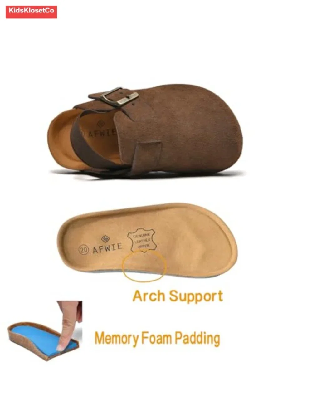 Genuine Leather Kids Clogs with Cork Footbed & Arch Support, Non-Slip EVA Sole,